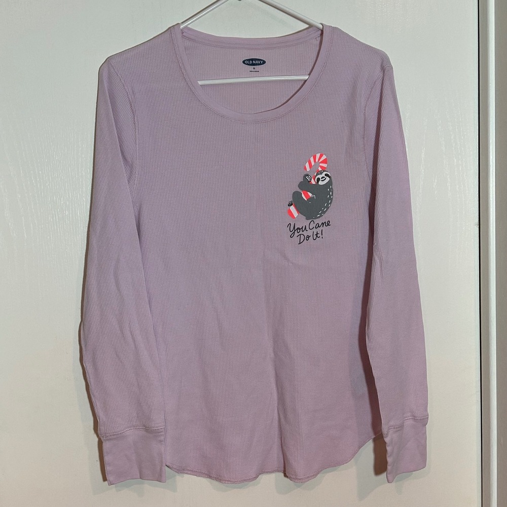 Old Navy XL Lilac Purple Pink Thermal Waffle Knit Sloth Candy Cane Graphic Shirt
